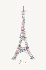 Fototapeta na wymiar Eiffel tower made from a passport stamps different countries with lettering Paris poster style