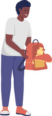Male teenager holding opened backpack semi flat color raster character. Standing figure. Full body person on white. Simple cartoon style illustration for web graphic design and animation