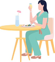 Woman enjoying carbonated cocktail and dinner semi flat color raster character. Sitting figure. Full body person on white. Simple cartoon style illustration for web graphic design and animation