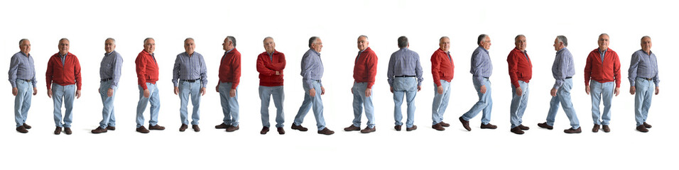 line of a group of same senior men standing on white background