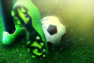 Soccer player kick the ball; Football action in green field 