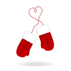 Pair of red warm mittens with fluffy fur on a striped lace in the shape of a heart. Traditional winter accessory isolated on white background. Romance and love concept. Realistic vector illustration