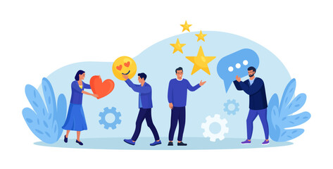 Customer feedback rating. People giving emoticon such as stars, thumbs up, heart sign. User experience or client satisfaction. Client opinion for product and services. Business satisfaction support