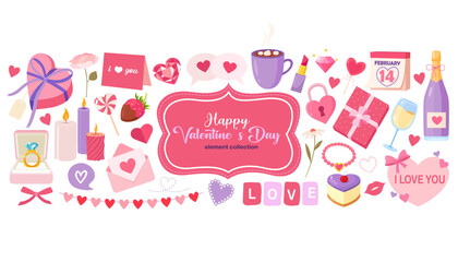 Obraz premium Happy Valentine's day element collection. Decorative objects isolated on white background