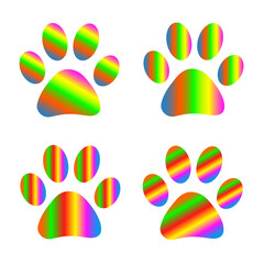 Animal paw prints with multicolored striped gradient design icon set.