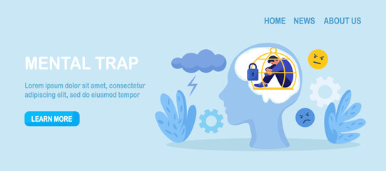 Head silhouette with mental trap as closed cage. Psychological mindset problem as feeling like trapped in birdcage. Stuck in comfort zone. Personal growth issue. Person with distorted world view