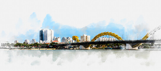Watercolor style digital art of Da Nang city panorama with skyscrapers and beautiful architecture bridges along Han River on a beautiful bay - obrazy, fototapety, plakaty
