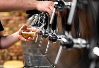 bartender hand at beer tap pouring a draught beer in glass serving in a bar or pub. tap room