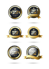 3d gold and black premium quality badge collection. Realistic premium warranty badge with ribbon and laurel wreath