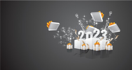 Happy 2023 New Year celebration with sparkle firework gold ribbons and white gift boxes on black background greeting card