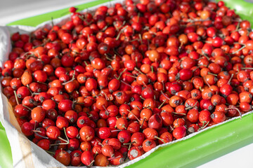 Ripe rose hips drying on a tray