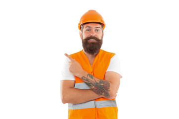 smiling bearded contractor in orange vest. studio shot of contractor wearing helmet. contractor