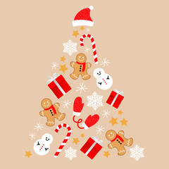 Decorative christmas tree with gift box, candy cane and snowman. Christmas greeting card. EPS 10.	