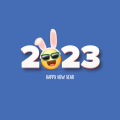 2023 Happy new year square banner with funny smile face with rabbit ears and sunglasses isolated on blue background. 2023 new year square banner, poster, flyer, cover with funny cute rabbit