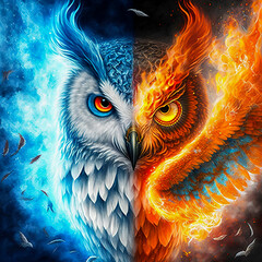 animal fighting. Abstract Fire and Ice element against. Heat and Cold concept. 3d illustration.