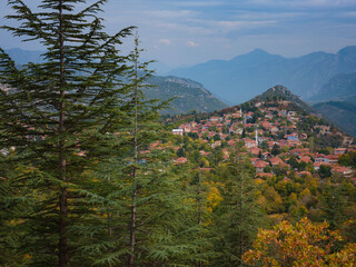 Aerial photo of town of Ormana Ibradi Antalya Turkey in autumn sunny day. Buttoned houses in Ormana district are quite remarkable