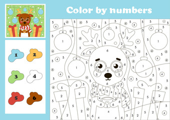Christmas number coloring page for kids with cute deer character and ornaments