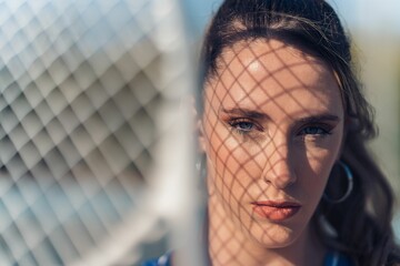Closeup shot of a young attractive fit caucasian female posing with a tennis racket on a court