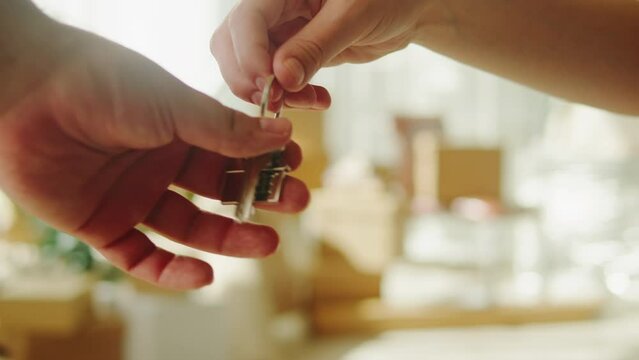 Real estate, home keys close-up, buying flat apartment, property purchasing. Moving to new house, selling, housing service concept. 