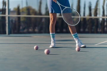 Female legs in blue athletic clothes and sneakers with a tennis racket on a court with pink balls