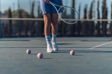 Female legs in blue athletic clothes and sneakers with a tennis racket on a court with pink balls