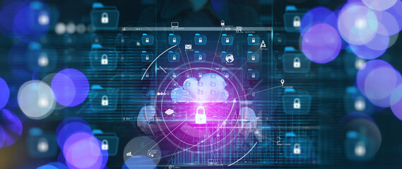 Businesswoman using digital tablet computer for protecting data document personal information on virtual interface.Cyber security network.Internet cloud network security. Padlock icon.