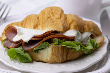 Close up Ham and Cheese Croissant Sandwich