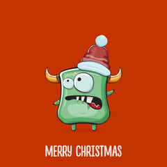 Vector cartoon funky green monster with Santa Claus red hat isolated on red background. Funny and cute Childrens Merry Christmas greeting card with funny green monster elf Santa Claus character.