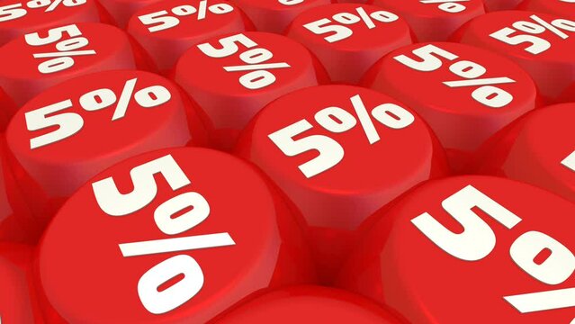 Background of red cubes with five percent symbols. Background of wavy-moving cubes with five percentage symbols. Seamless looping videos