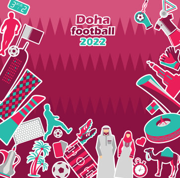 Football sports competition, Qatar tourist icon set. Doha background in color national flag. National day. Middle eastern football.