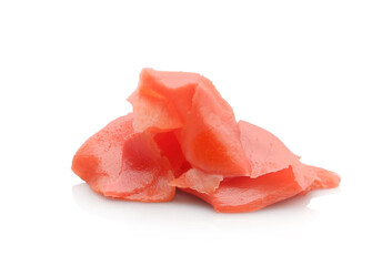 Pink pickled ginger slice isolated on white background       