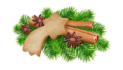 Weihnachtskeks und Tannenzweige mit Anis und Zimtstangen   Hintergrund transparent  PNG cut out