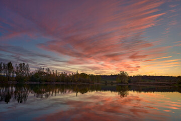 Colorful swamp in the autumn sunset