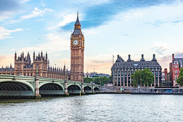 Big Ben, Westminster Bridge on River Thames in London, England, UK