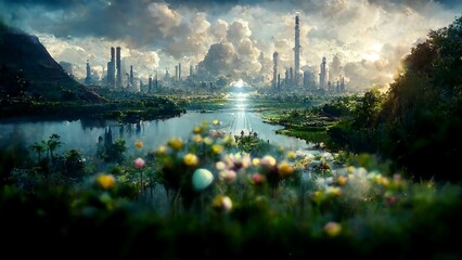Post apocalyptic utopia where mankind in in harmony with nature - obrazy, fototapety, plakaty