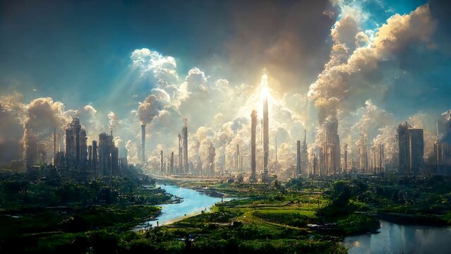 Post apocalyptic utopia where mankind in in harmony with nature v5