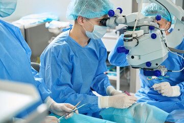 Portrait of medical worker on eye microsurgery in the hospital