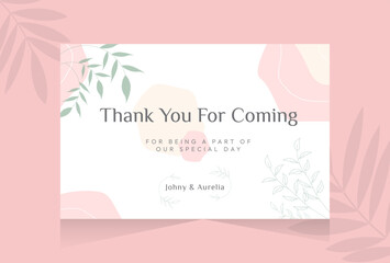 Thank you card design with hand drawn flower abstract shape pink background template