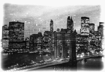 A modern abstract of New York City and Brooklyn Bridge with the evening mist descending