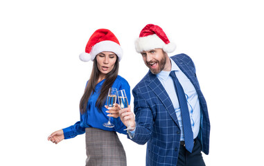 Fototapeta premium business couple in santa hat isolated on white background. corporate xmas party