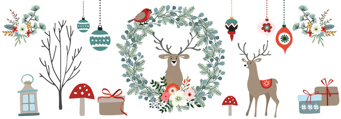 Christmas, Holiday, New year pattern with deers, flowers, gift boxes. Watercolour winter illustration. 