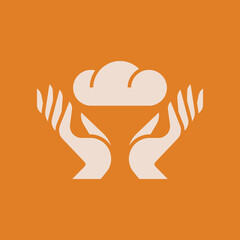 Vector illustration of bakery icon. Bread logo. Silhouette of a loaf on hands for a bakery. Design of bakery products with spikelets of wheat, rye. Bun icon.