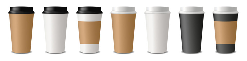 Set of realistic paper coffee cups on white background. Empty clean paper collection. Coffee cup Mockup. 3D vector mockup. Vector EPS 10