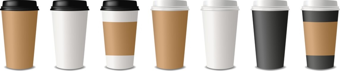 Set of realistic paper coffee cups on transparent background. Empty clean paper collection. Coffee cup Mockup. 3D vector mockup. PNG image