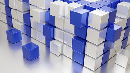 3d White and blue Cubes Lined Up And Scattered On A White Background