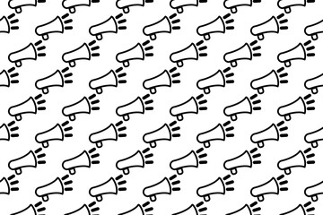 Seamless pattern completely filled with outlines of megaphone symbols. Elements are evenly spaced. Vector illustration on white background