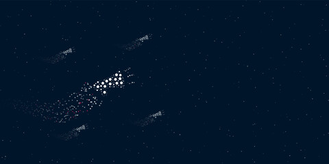 A megaphone symbol filled with dots flies through the stars leaving a trail behind. Four small symbols around. Empty space for text on the right. Vector illustration on dark blue background with stars
