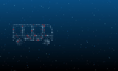 On the left is the bus symbol filled with white dots. Background pattern from dots and circles of different shades. Vector illustration on blue background with stars