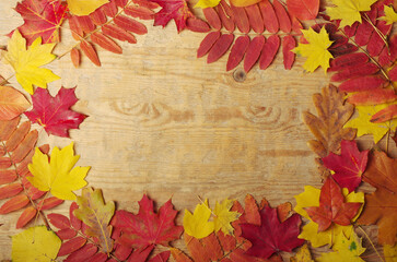 Wooden texture background framed by colorful autumn leaves. Copy space.