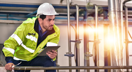 Professional engineer using tablet inspecting machine in factory